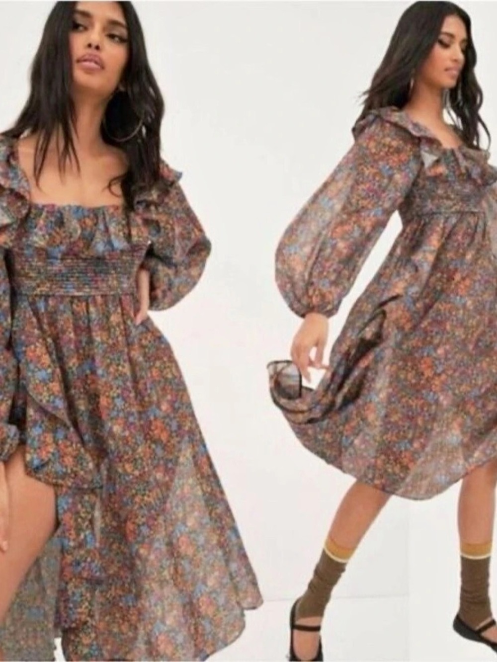 for love & lemons Brittany Floral Print Long Sleeve Midi Dress